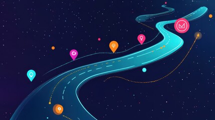Poster - Colorful Digital Roadmap with Navigation Pins Against Starry Background