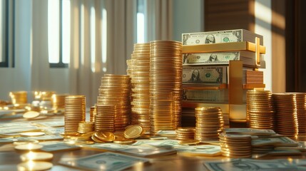 Poster - Wealth planning concept with stacks of cash, golden coins, and a growing investment portfolio.