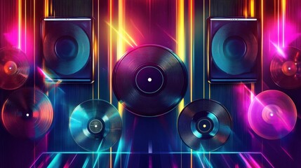 Poster - Vibrant Abstract Music Background with Vinyl Records and Speakers