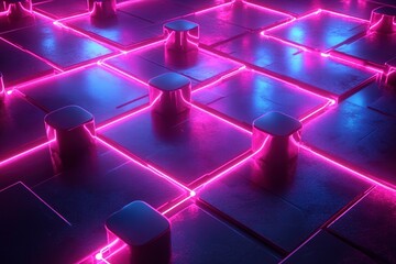Poster - Neon Lit Futuristic Grid with Glowing Edges and Polished Blocks on Dark Surface