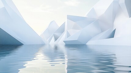 Poster - A 3D abstract minimalist scene with white geometric triangles reflecting in calm water, creating a futuristic display.