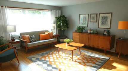 Sticker - A bright, inviting living room with a mix of vintage and modern furniture.