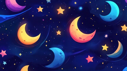 Wall Mural - colorful moon and star pattern on dark background for kids designs