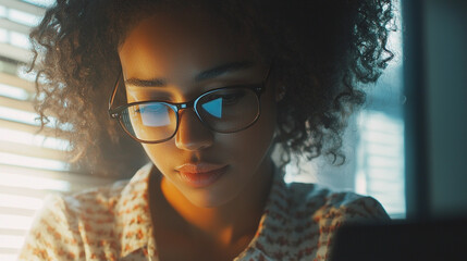 Poster - Young woman with curly hair wearing glasses concentrating on a screen girl work mood focus adult