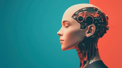 Poster - Futuristic Female Robot Concept with Metallic Features and Colorful Background
