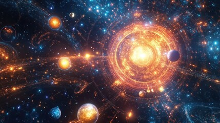 Wall Mural - cosmic universe with bright stars and orbiting planets in space