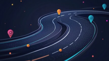 Poster - Abstract Winding Road with Colorful Location Pins on Dark Background