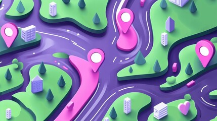 Poster - Colorful 3D Map Illustration with Location Markers and Greenery
