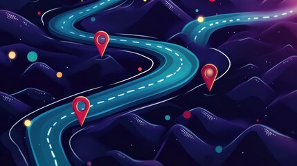 Poster - Vibrant Illustrative Road Landscape with Navigation Points at Night