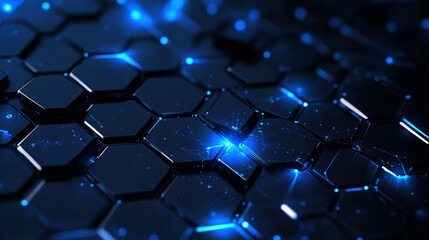 Fototapete - Abstract blue hexagon technology background digital network design dark data grid shiny lines light