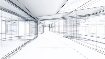 Aufkleber - Architectural blueprint rendering of a modern building interior in black and white lines