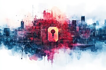 Poster - Abstract digital artwork of a city skyline with a keyhole symbol and vibrant colors