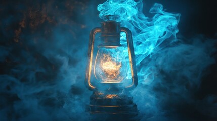 Aufkleber - Glowing gas lamp illuminating a dark space with vibrant blue smoke swirling around in a dramatic atmosphere. Generative AI