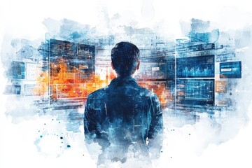 Poster - Business professional analyzing data trends in dynamic digital workspace environment