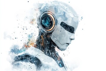 Poster - Futuristic Robot Head with Digital Elements and Abstract Colorful Background