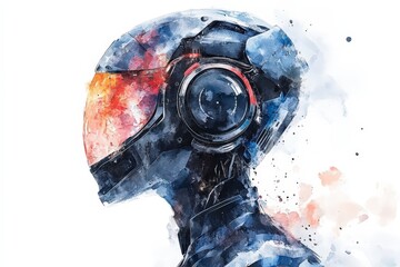 Poster - Abstract futuristic robot with vibrant watercolor style and helmet design