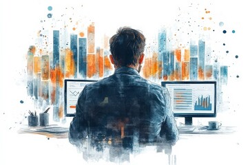 Poster - Man Analyzing Data on Dual Monitors in Modern Office Environment