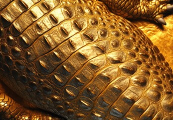 Poster - Detailed close-up of golden crocodile skin texture showcasing intricate patterns and reflections in natural light for high-quality stock photography