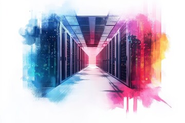 Poster - Abstract Data Center Corridor with Server Racks and Colorful Artistic Effects