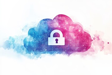 Poster - Colorful cloud illustration with a padlock symbol representing data security concepts