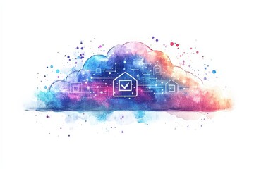 Poster - Abstract Cloud Representation with Digital Connectivity and Colorful Watercolor Effects