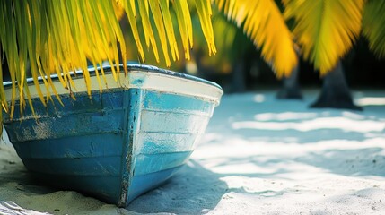 Wall Mural - A blue boat rests on the sandy shore, shaded by a palm tree, creating a serene coastal scene perfect for relaxation and leisure.