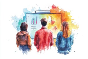 Poster - Young People Analyzing Business Statistics on Digital Display with Watercolor Effect