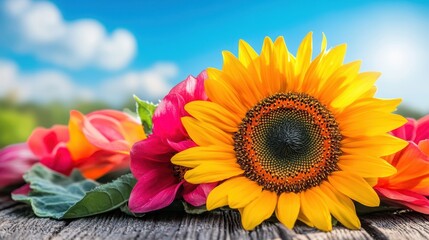 Canvas Print - A vibrant arrangement of flowers on a rustic wooden table, set against a clear blue sky, creating a cheerful and lively atmosphere.