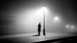 © Saowanee - solitary figure stands under streetlamp on foggy city street, creating mysterious and atmospheric scene. dim light casts long shadows, enhancing eerie ambiance of deserted urban landscape