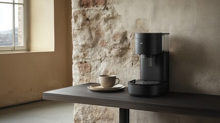 Sticker - A modern dining space with a coffee maker and breakfast plates on the table.