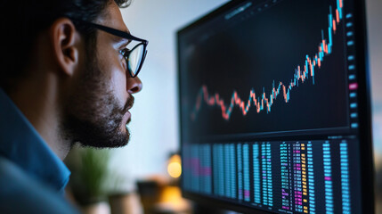 Poster - Focused analyst examines stock market trends on a sleek monitor while sitting in a modern workspace during evening hours
