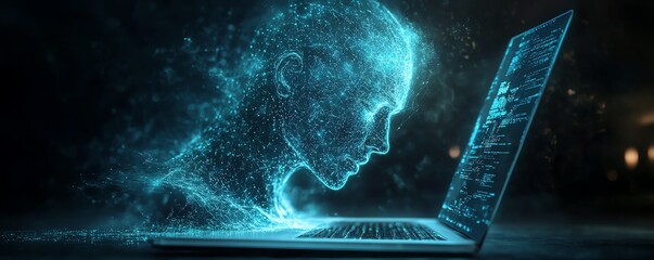 Poster - Dark room with artificial intelligence on laptop screen