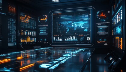 Poster - Futuristic office with AI technology on a large screen