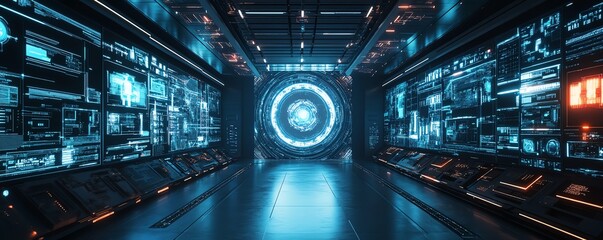 Poster - advanced ai technology room, interactive holographic displays, robotic systems, glowing digital inte