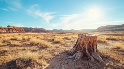 Poster - Lone tree stump in a dry desert landscape under bright sunlight and clear blue sky. Generative AI