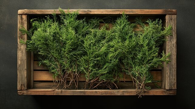 A wooden crate filled with carefully arranged bare root saplings.