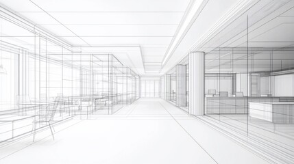 Aufkleber - Architectural Wireframe of a Modern Office Interior Depicting Open Space and Workstations