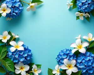 Wall Mural - A vibrant arrangement of blue hydrangeas and white plumeria flowers on a turquoise background, creating a fresh and serene floral composition.