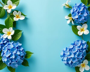 Wall Mural - A vibrant arrangement of blue hydrangeas and white flowers on a soft blue background, creating a fresh and inviting floral display.