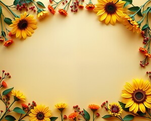 Wall Mural - A vibrant arrangement of sunflowers and colorful foliage framing a blank space on a yellow backdrop, perfect for invitations or seasonal decor.