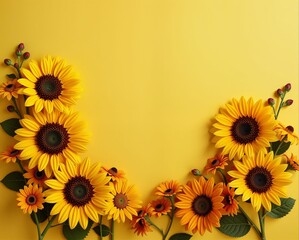 Wall Mural - A vibrant arrangement of sunflowers against a bright yellow background, showcasing their cheerful petals and green leaves in a delightful composition.