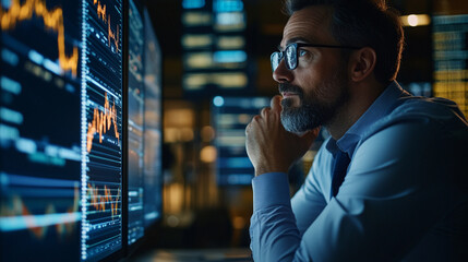 Poster - Investor analyzing trends in the stock market at night while contemplating strategic decisions for future investments