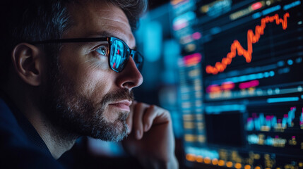 Poster - Focused trader analyzing stock market trends in a dimly lit office at night