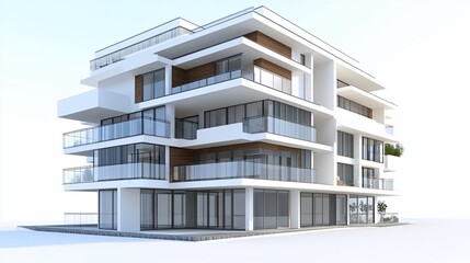 Aufkleber - Modern multi-story building with white facade, glass balconies, and wooden accents against a white background