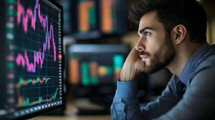 Poster - Intense focus on market trends as a young man analyzes stock data late at night