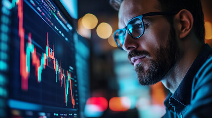 Poster - Focused financial analyst contemplates market trends at dusk in a vibrant trading environment