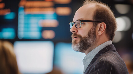 Poster - Focused professional analyzes financial data in a bustling trading environment at dawn