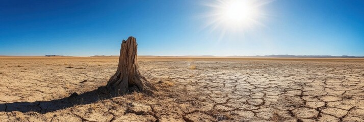 Aufkleber - Bright sunlight casts shadows on cracked earth in a dry desert landscape featuring a lone dry tree stump. Generative AI
