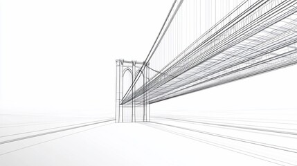 Aufkleber - Detailed black line wireframe drawing of a majestic suspension bridge over a vast white background