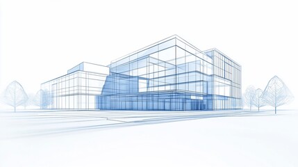 Aufkleber - Architectural Blueprint of a Modern Building with Surrounding Trees in Blue